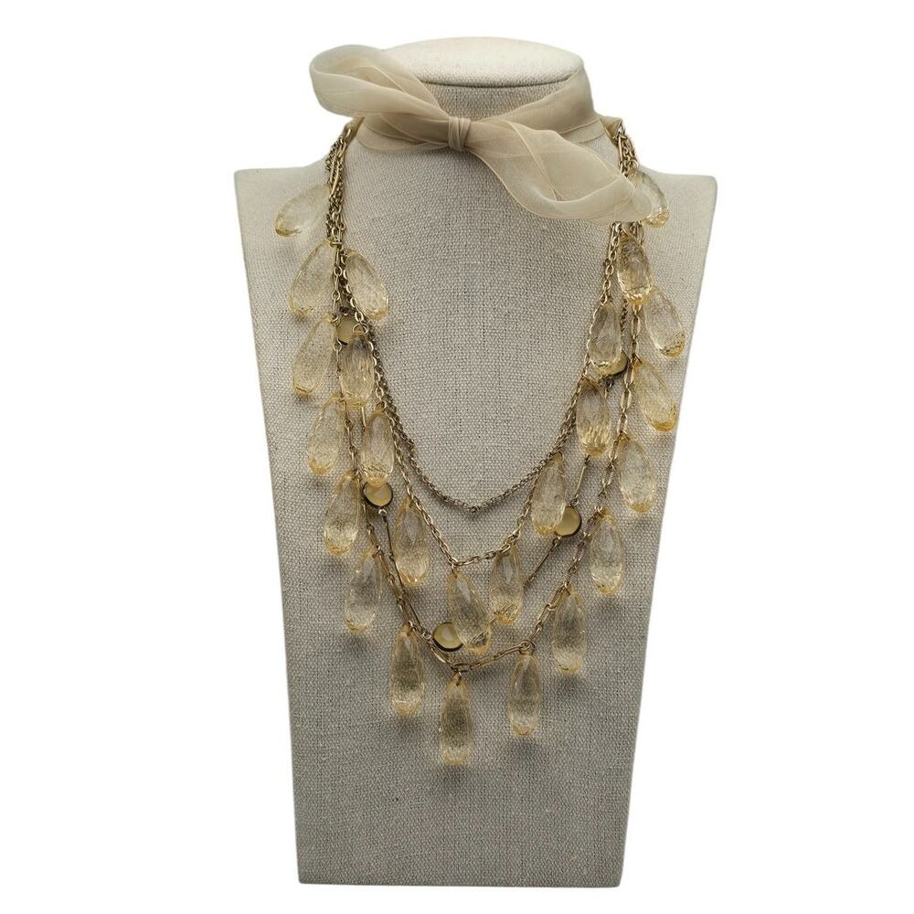 Champagne Teardrop Beaded Layered Necklace Cream Ribbon Tie Romantic Parisian
